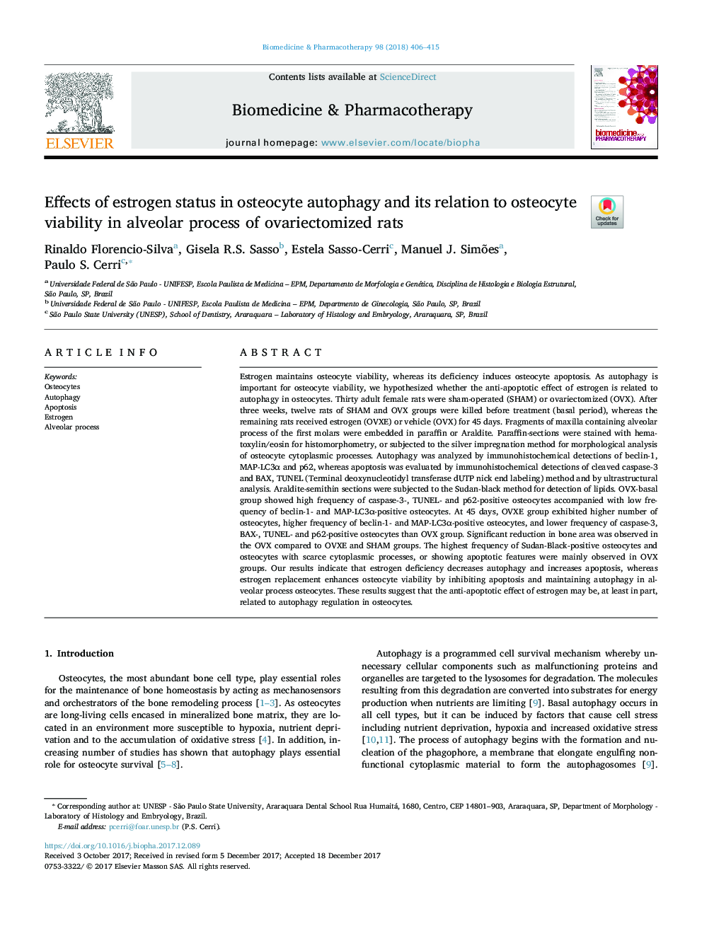 Effects of estrogen status in osteocyte autophagy and its relation to osteocyte viability in alveolar process of ovariectomized rats