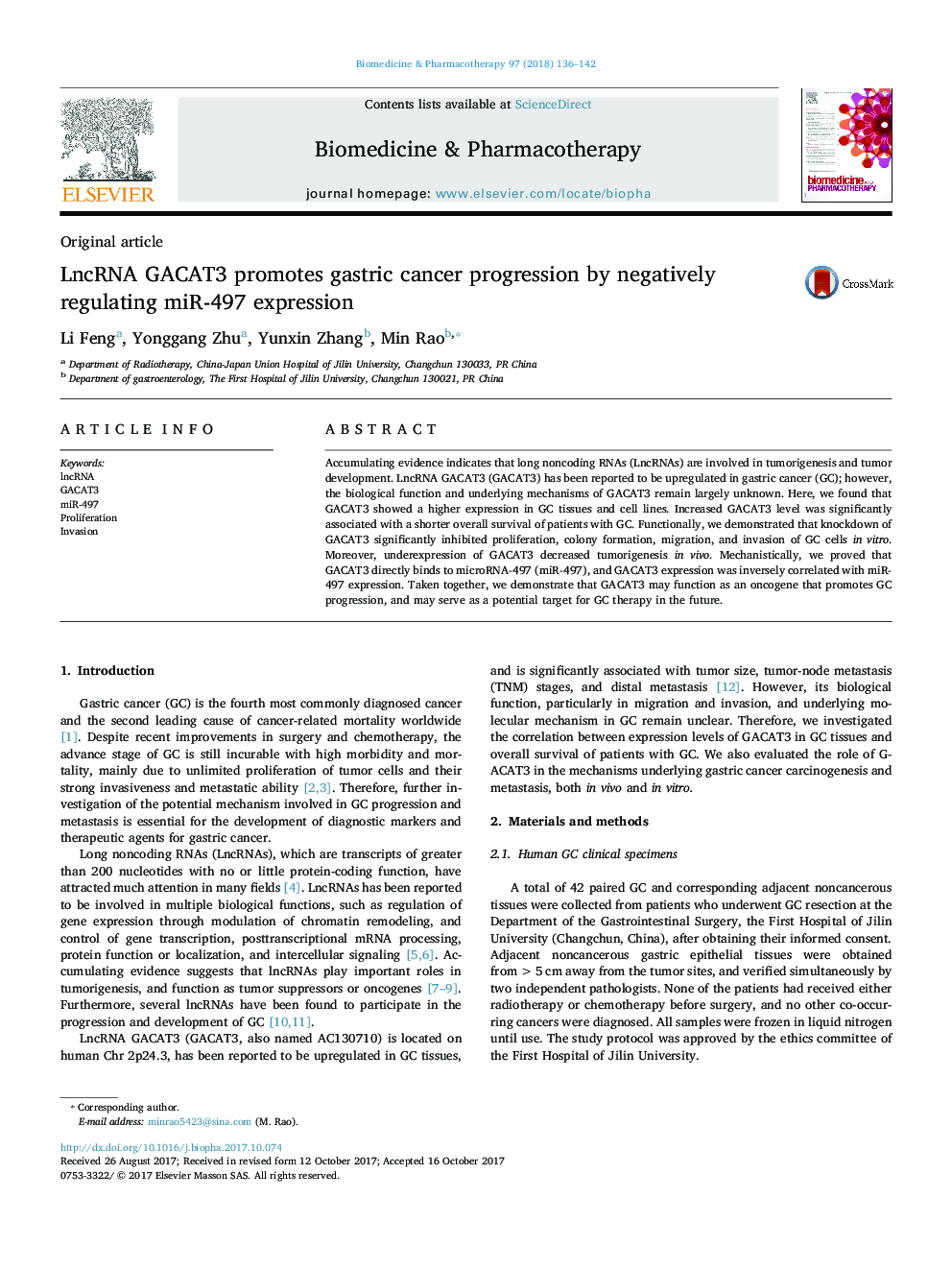 LncRNA GACAT3 promotes gastric cancer progression by negatively regulating miR-497 expression