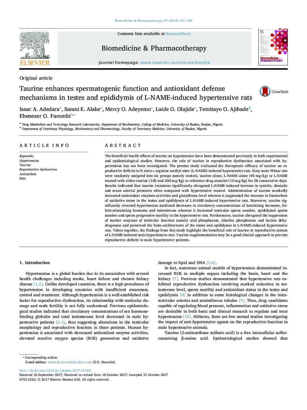 Taurine enhances spermatogenic function and antioxidant defense mechanisms in testes and epididymis of L-NAME-induced hypertensive rats