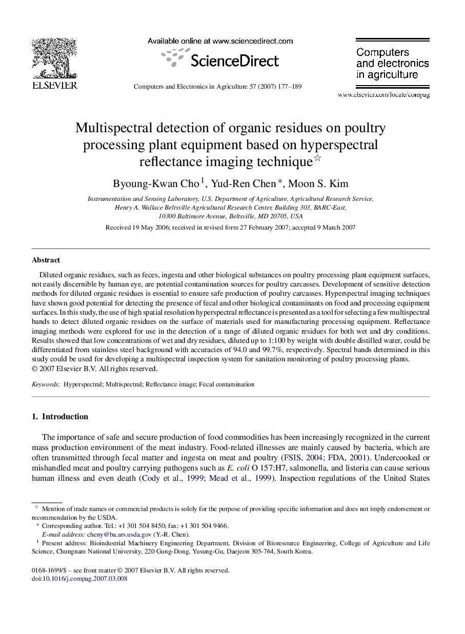 Multispectral detection of organic residues on poultry processing plant equipment based on hyperspectral reflectance imaging technique 