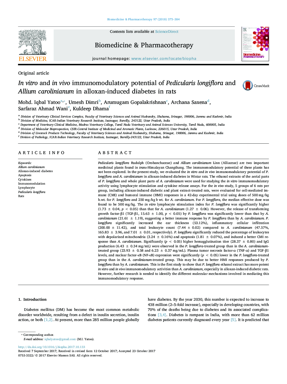 عکس صفحه اول مقاله: In vitro and in vivo immunomodulatory potential of Pedicularis longiflora and Allium carolinianum in alloxan-induced diabetes in rats In vitro and in vivo immunomodulatory potential of Pedicularis longiflora and Allium carolinianum in alloxan-induced diabetes in rats