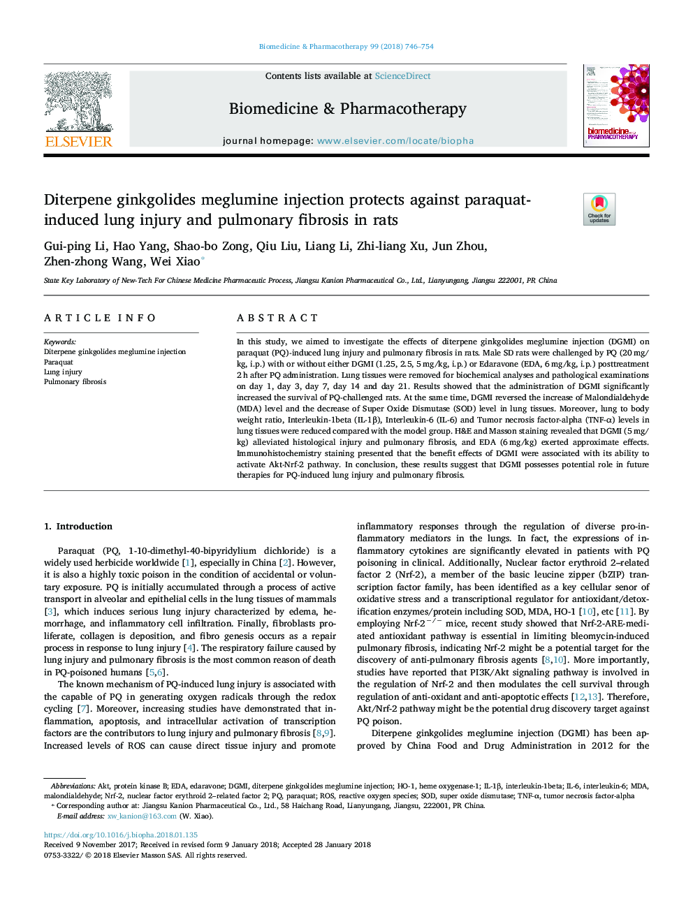 Diterpene ginkgolides meglumine injection protects against paraquat-induced lung injury and pulmonary fibrosis in rats