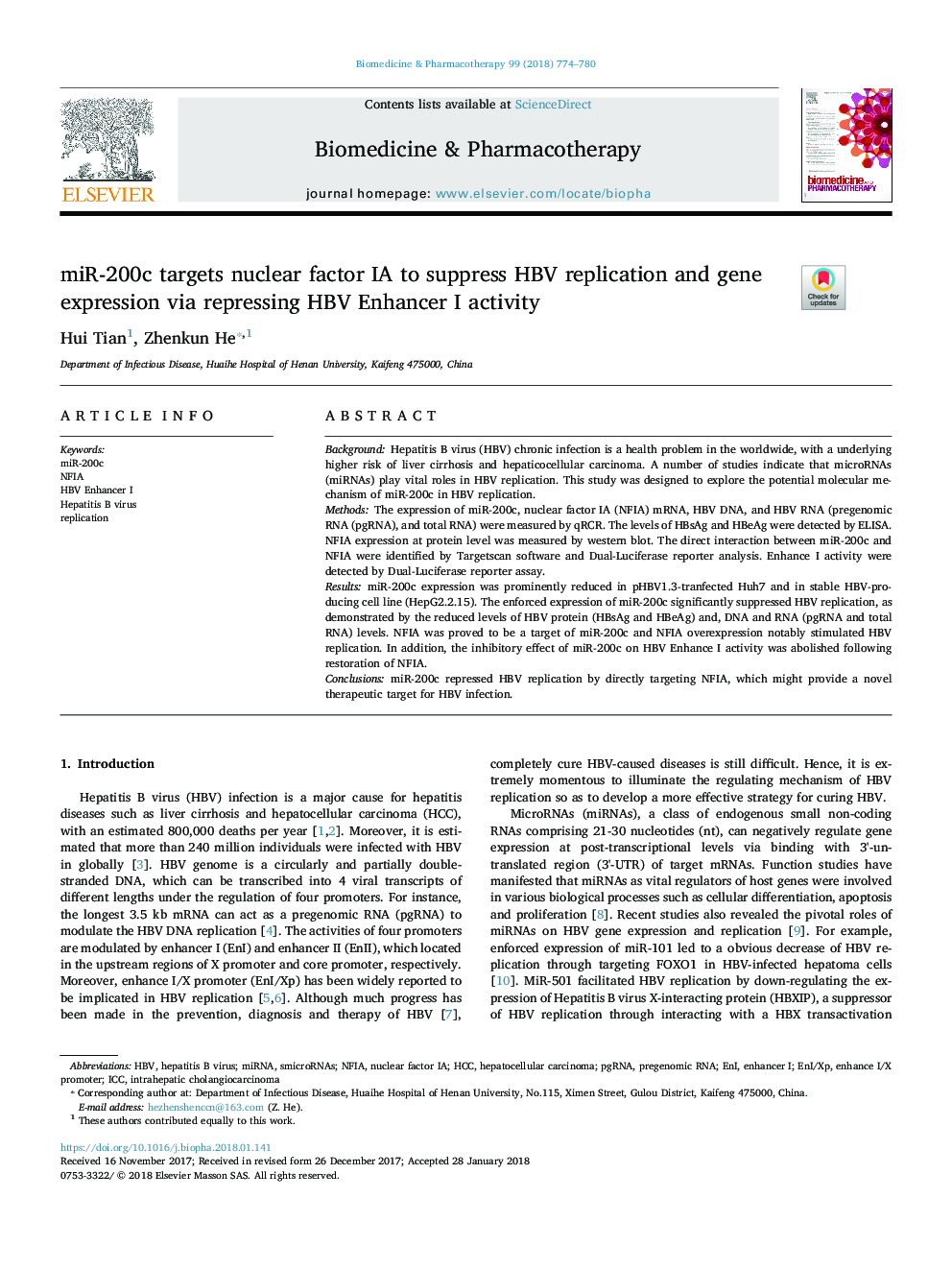 عکس صفحه اول مقاله: miR-200c targets nuclear factor IA to suppress HBV replication and gene expression via repressing HBV Enhancer I activity miR-200c targets nuclear factor IA to suppress HBV replication and gene expression via repressing HBV Enhancer I activity