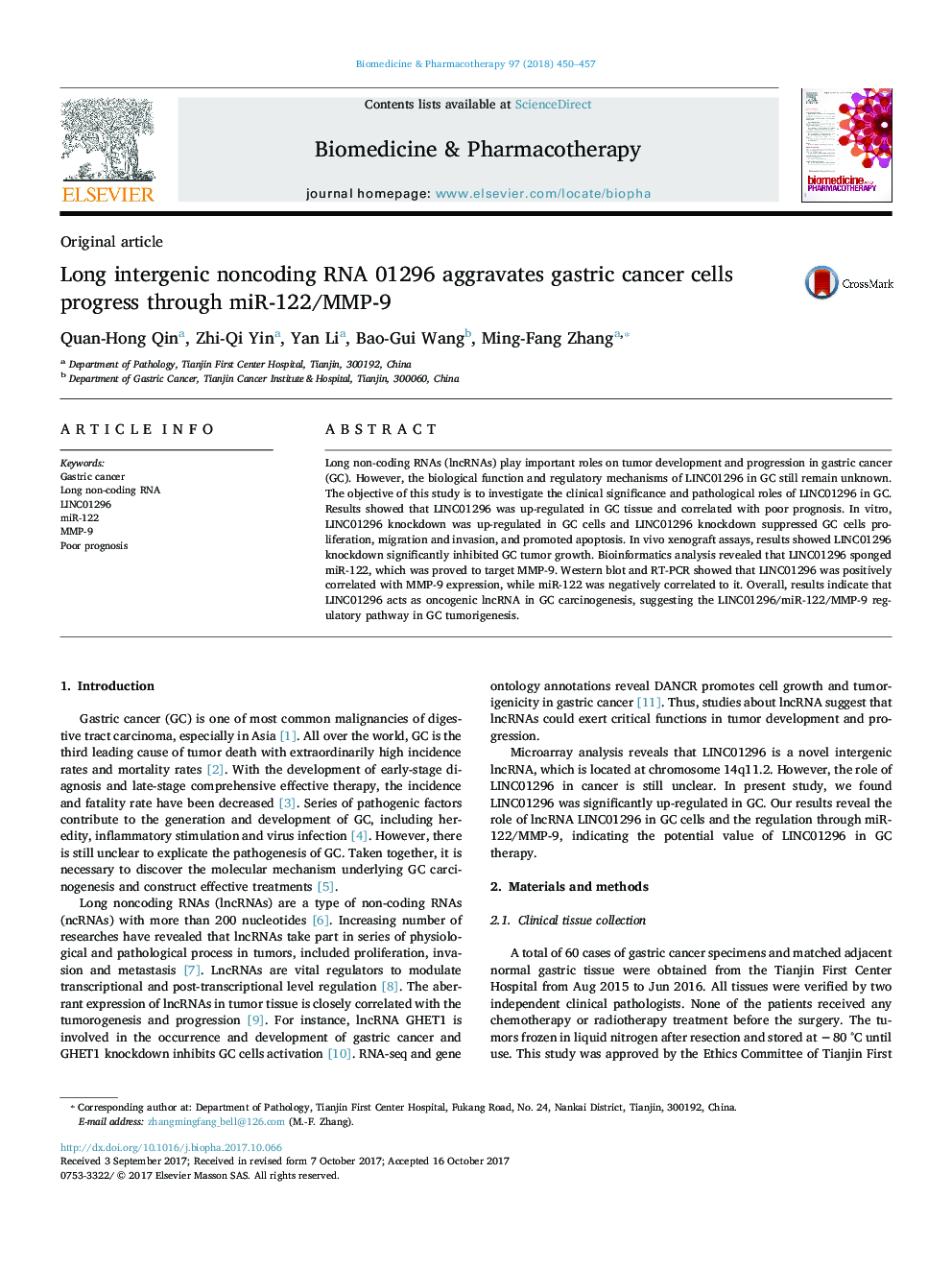 Long intergenic noncoding RNA 01296 aggravates gastric cancer cells progress through miR-122/MMP-9