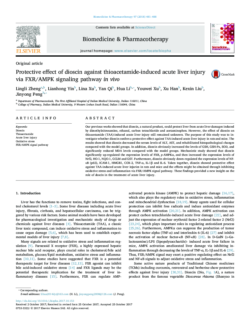 Protective effect of dioscin against thioacetamide-induced acute liver injury via FXR/AMPK signaling pathway in vivo