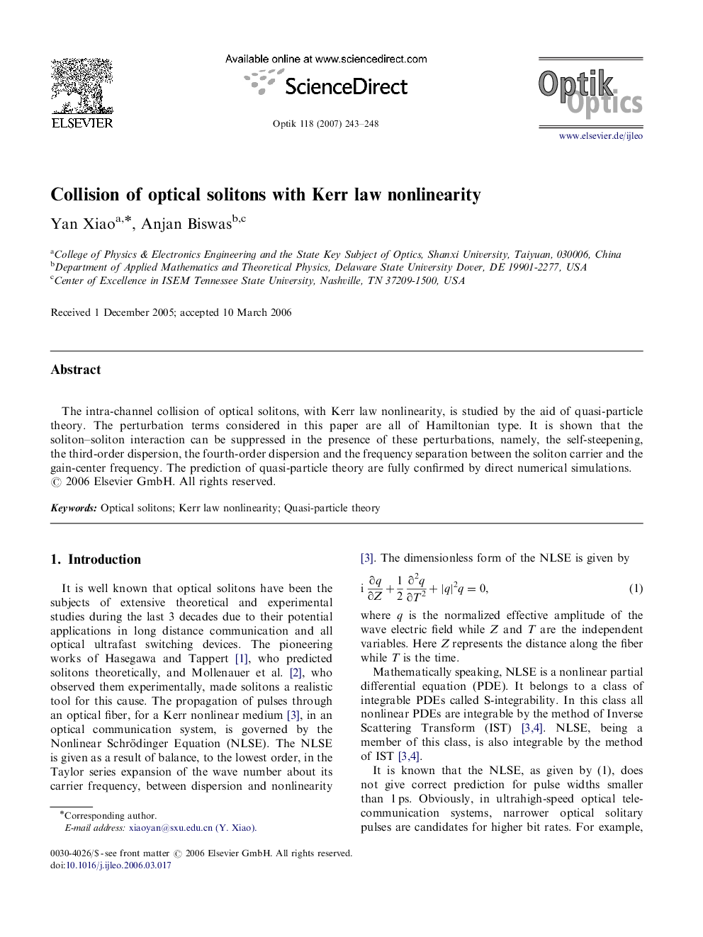 Collision of optical solitons with Kerr law nonlinearity