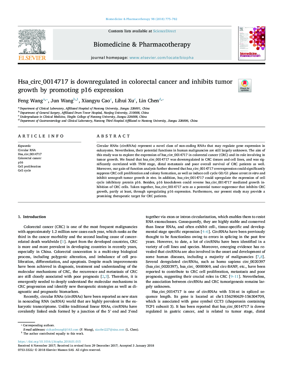 Hsa_circ_0014717 is downregulated in colorectal cancer and inhibits tumor growth by promoting p16 expression