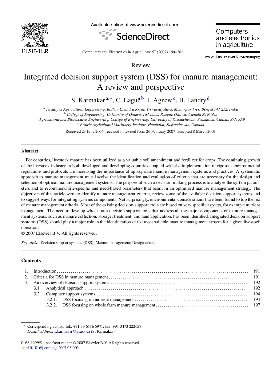 Integrated decision support system (DSS) for manure management: A review and perspective