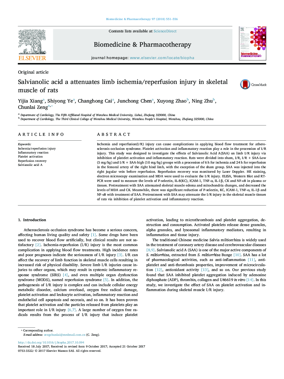 Salvianolic acid a attenuates limb ischemia/reperfusion injury in skeletal muscle of rats