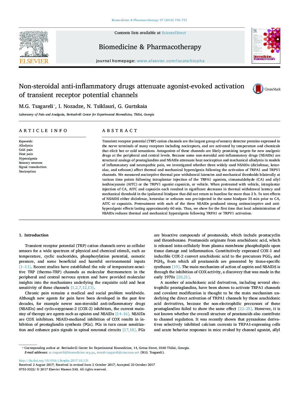 Non-steroidal anti-inflammatory drugs attenuate agonist-evoked activation of transient receptor potential channels