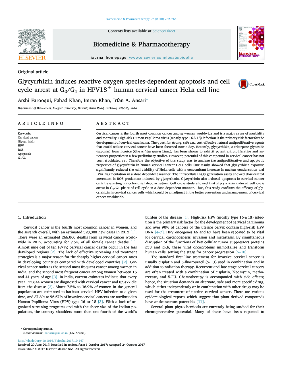 Glycyrrhizin induces reactive oxygen species-dependent apoptosis and cell cycle arrest at G0/G1 in HPV18+ human cervical cancer HeLa cell line