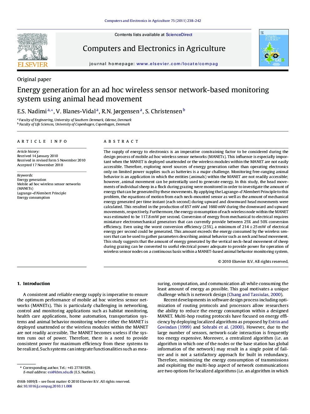 Energy generation for an ad hoc wireless sensor network-based monitoring system using animal head movement