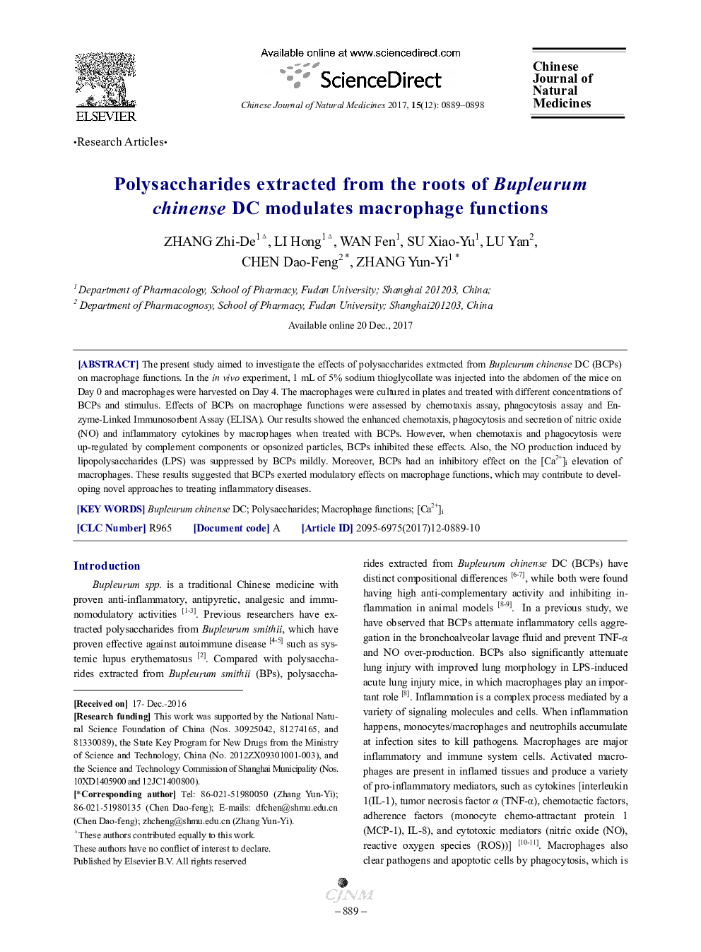 Polysaccharides extracted from the roots of Bupleurum chinense DC modulates macrophage functions