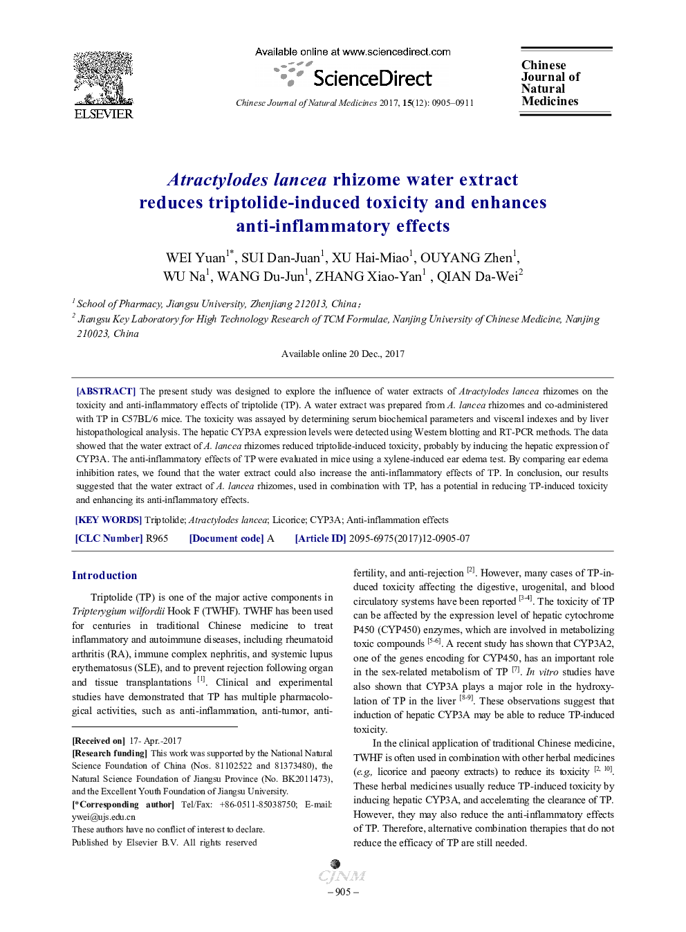 Atractylodes lancea rhizome water extract reduces triptolide-induced toxicity and enhances anti-inflammatory effects