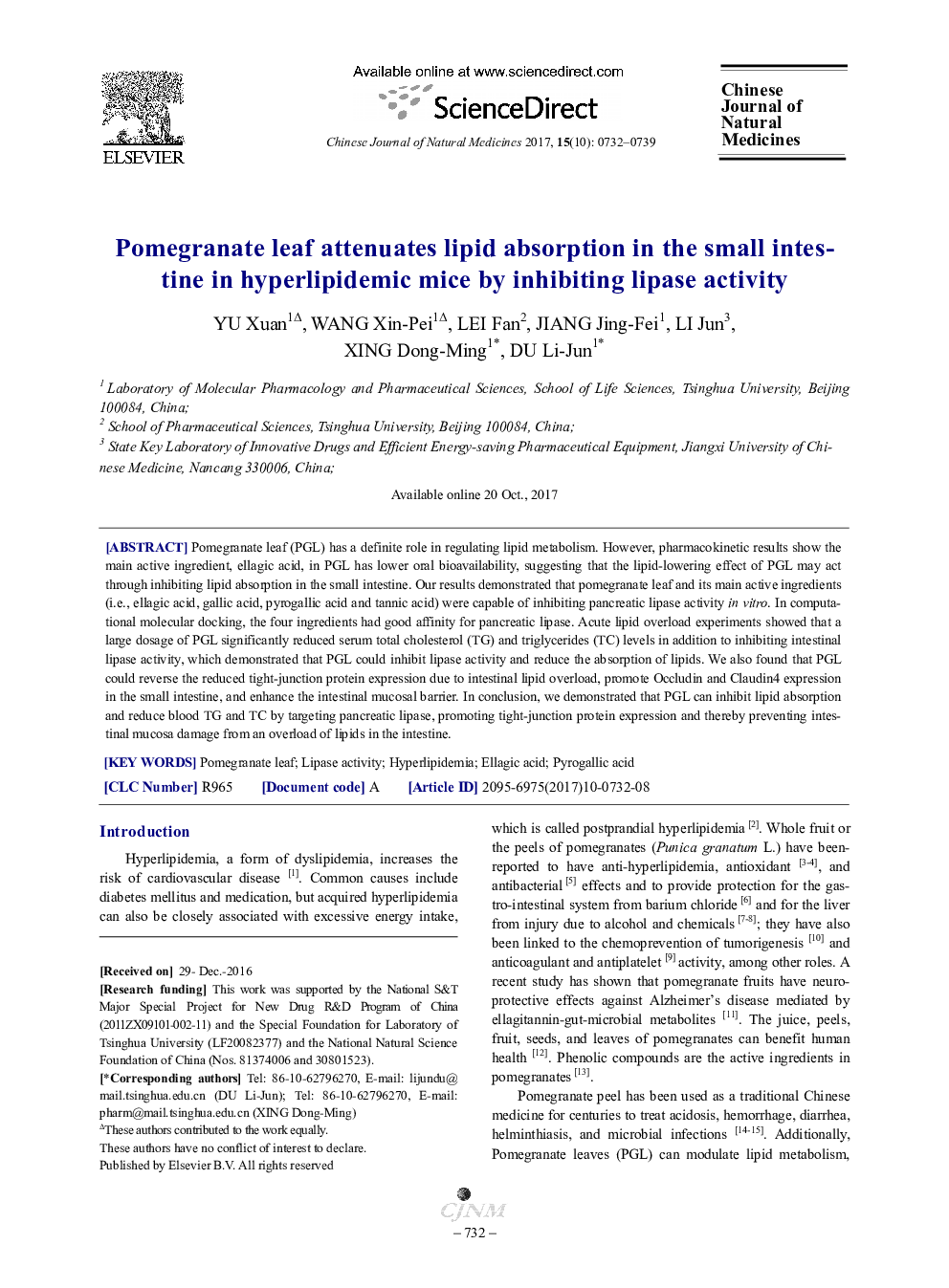 Pomegranate leaf attenuates lipid absorption in the small intestine in hyperlipidemic mice by inhibiting lipase activity