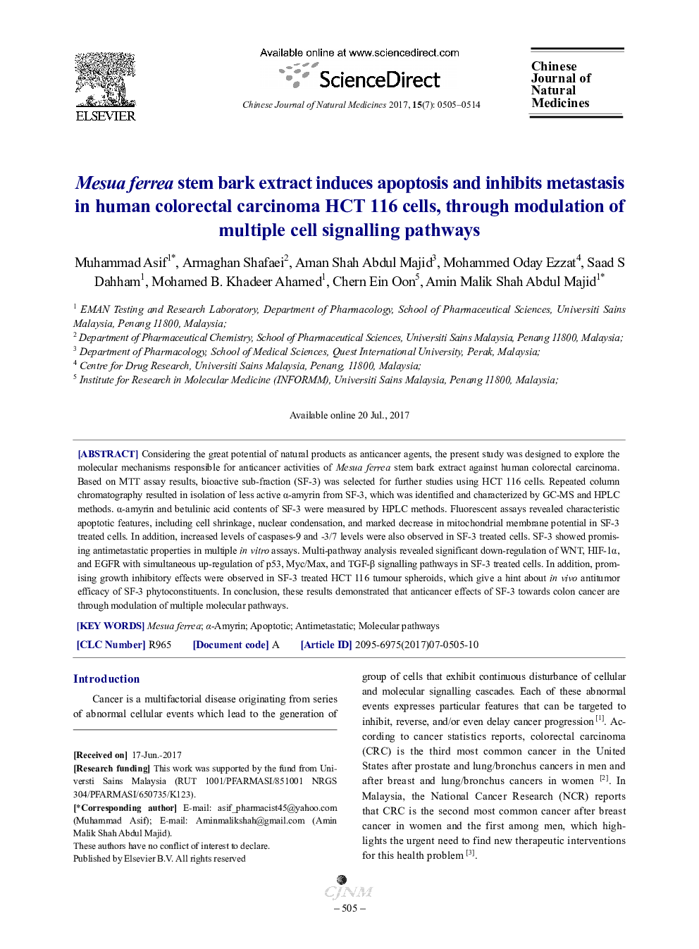 Mesua ferrea stem bark extract induces apoptosis and inhibits metastasis in human colorectal carcinoma HCT 116 cells, through modulation of multiple cell signalling pathways