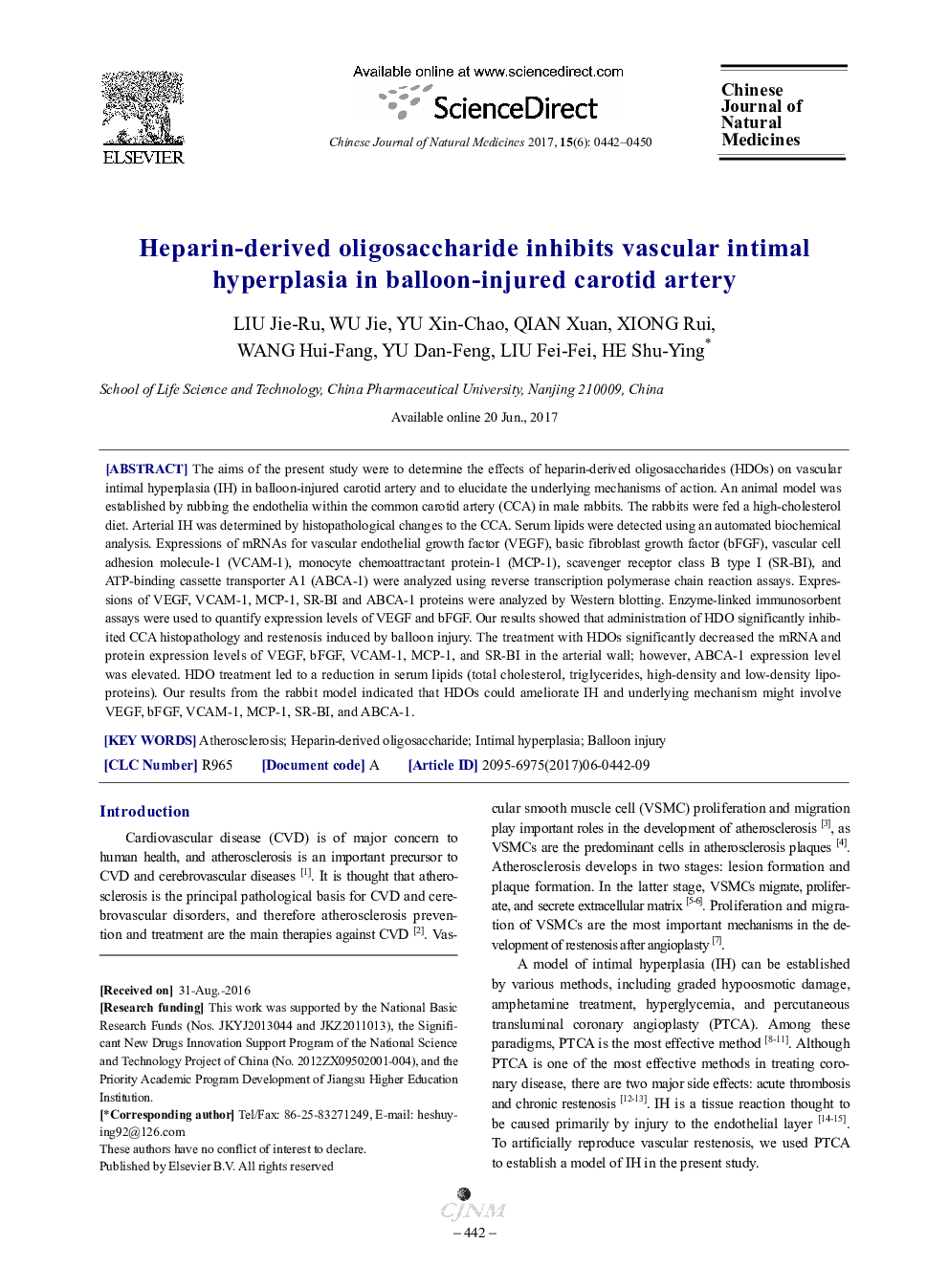 Heparin-derived oligosaccharide inhibits vascular intimal hyperplasia in balloon-injured carotid artery