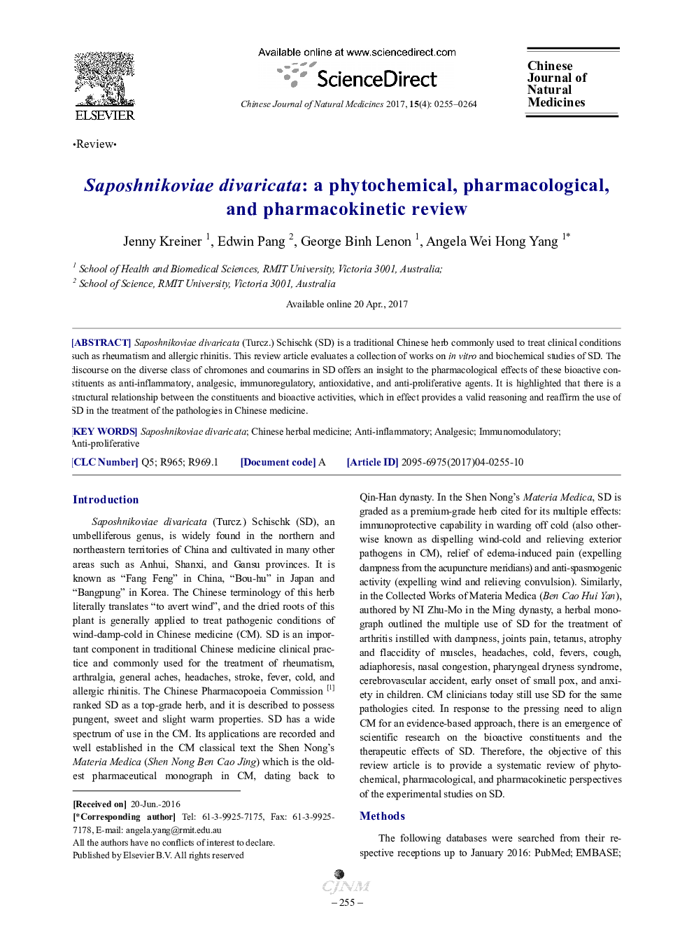 Saposhnikoviae divaricata: a phytochemical, pharmacological, and pharmacokinetic review