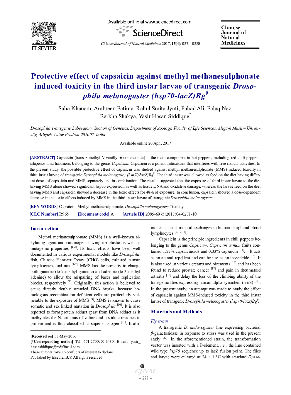 Protective effect of capsaicin against methyl methanesulphonate induced toxicity in the third instar larvae of transgenic Drosophila melanogaster (hsp70-lacZ)Bg9