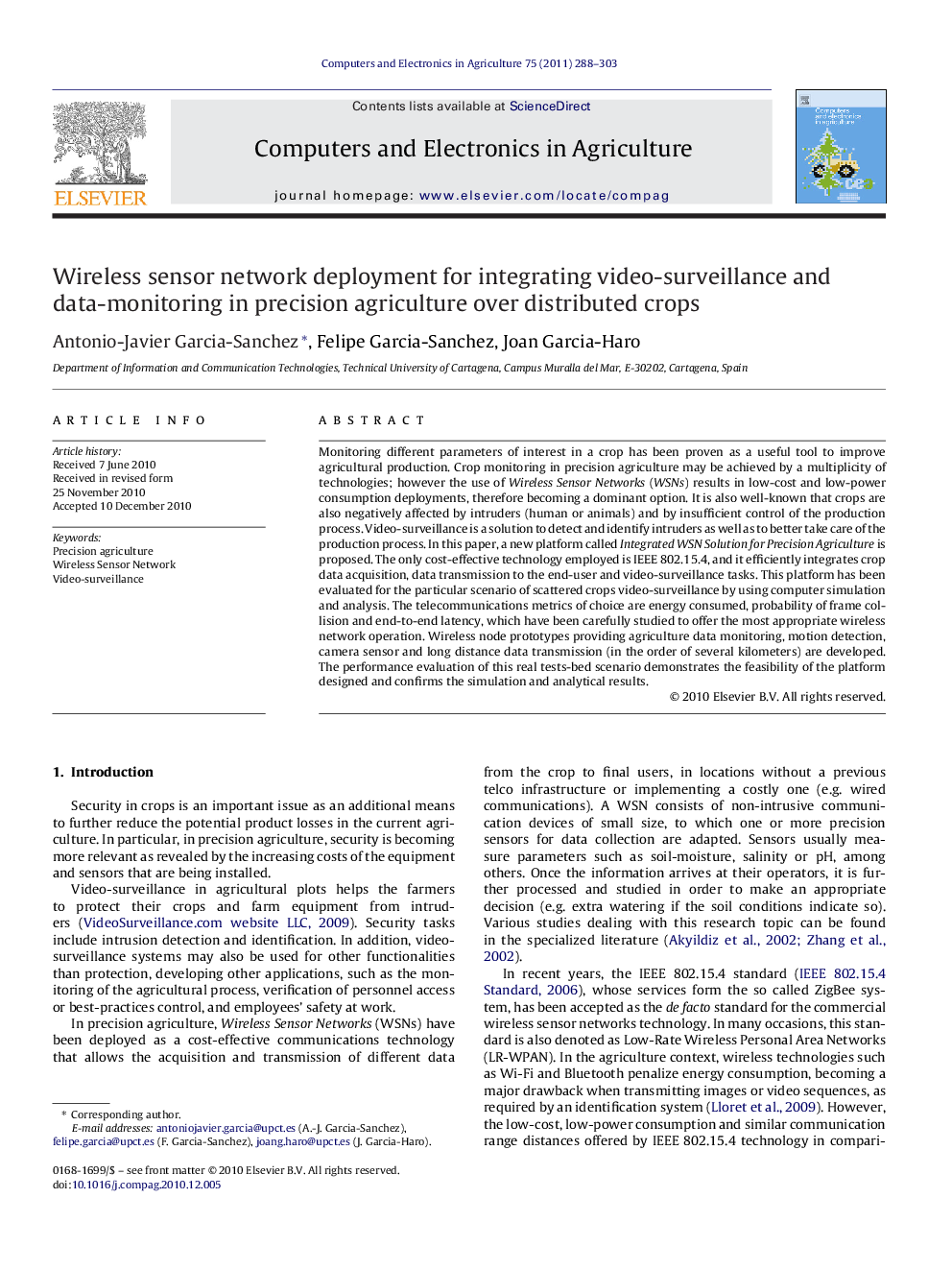 Wireless sensor network deployment for integrating video-surveillance and data-monitoring in precision agriculture over distributed crops