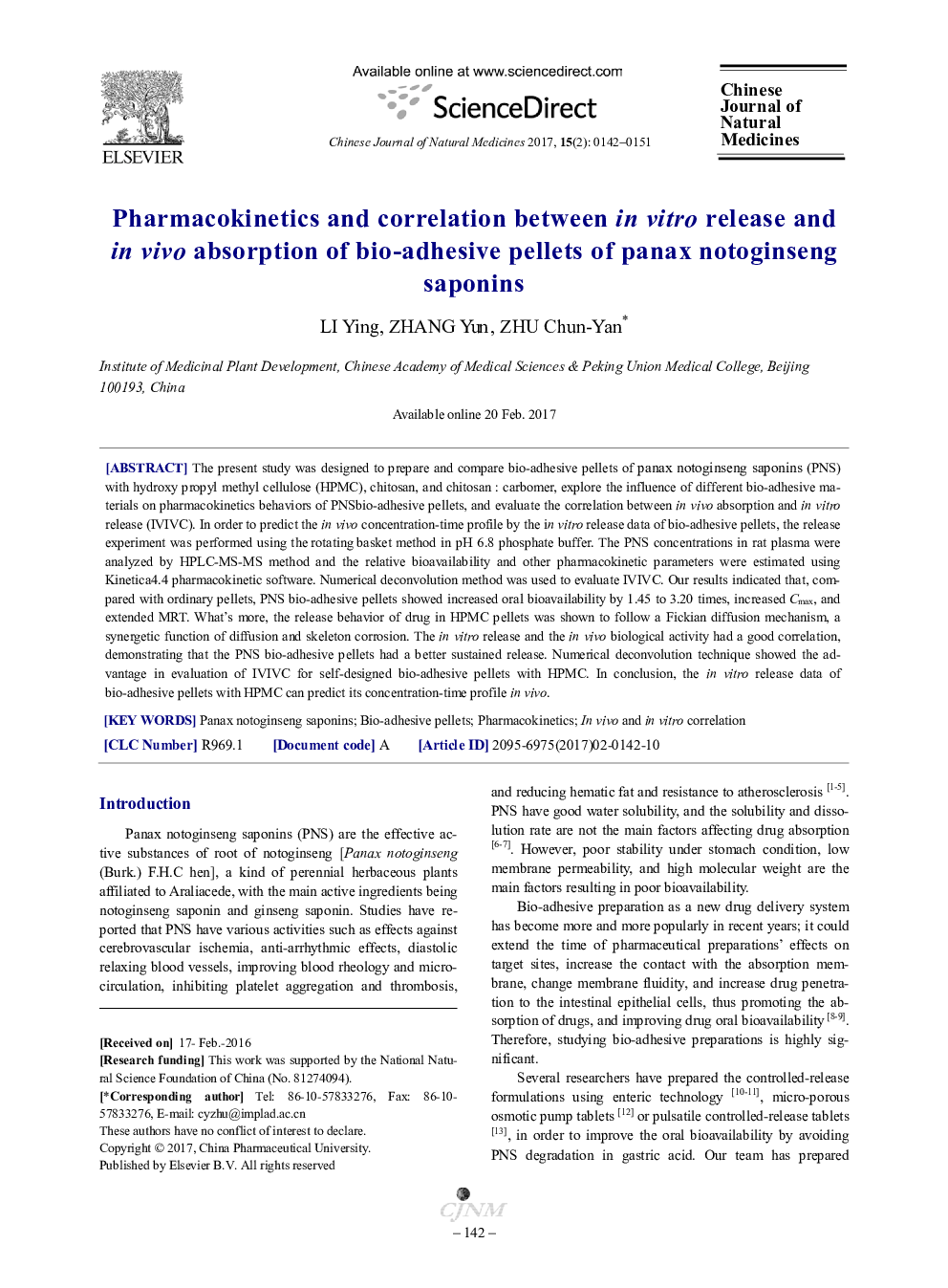 Pharmacokinetics and correlation between in vitro release and in vivo absorption of bio-adhesive pellets of panax notoginseng saponins