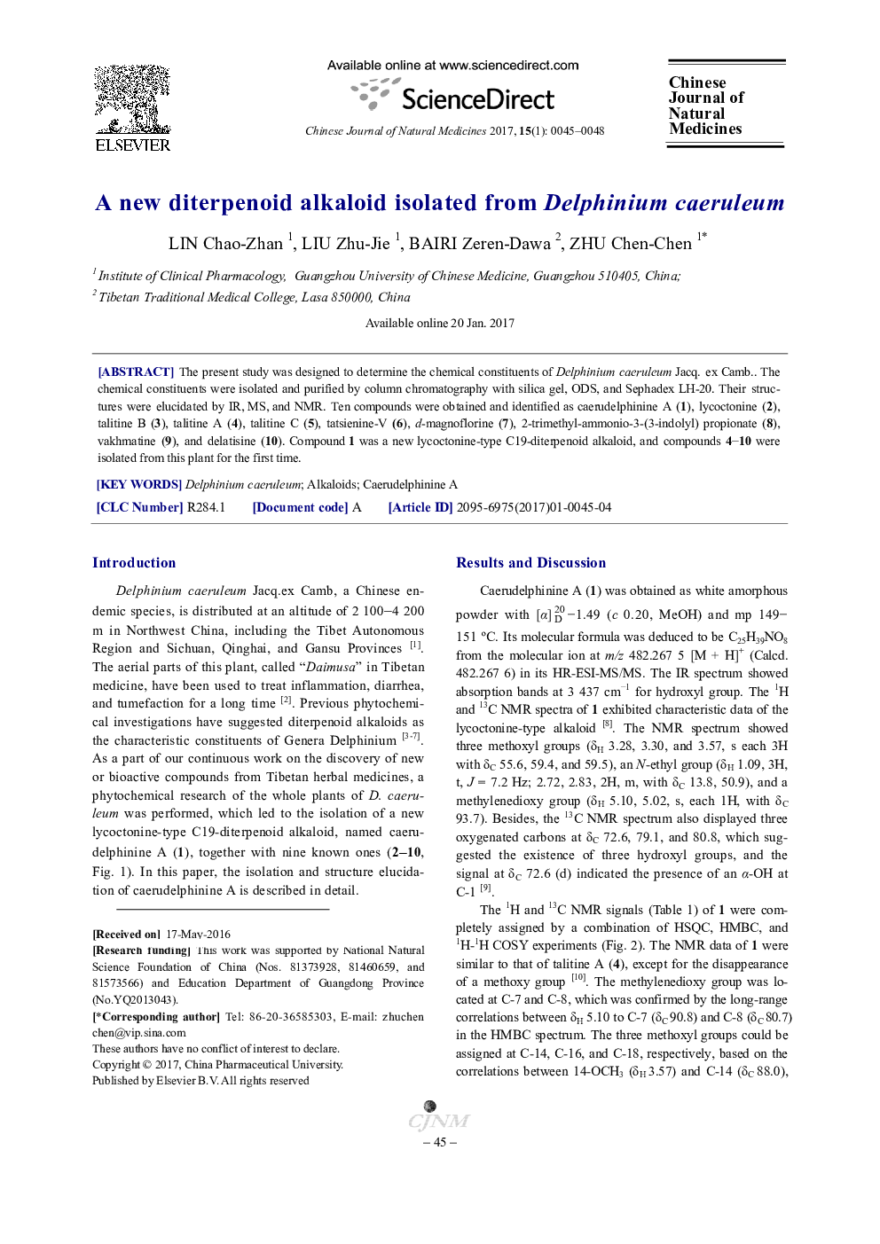 A new diterpenoid alkaloid isolated from Delphinium caeruleum