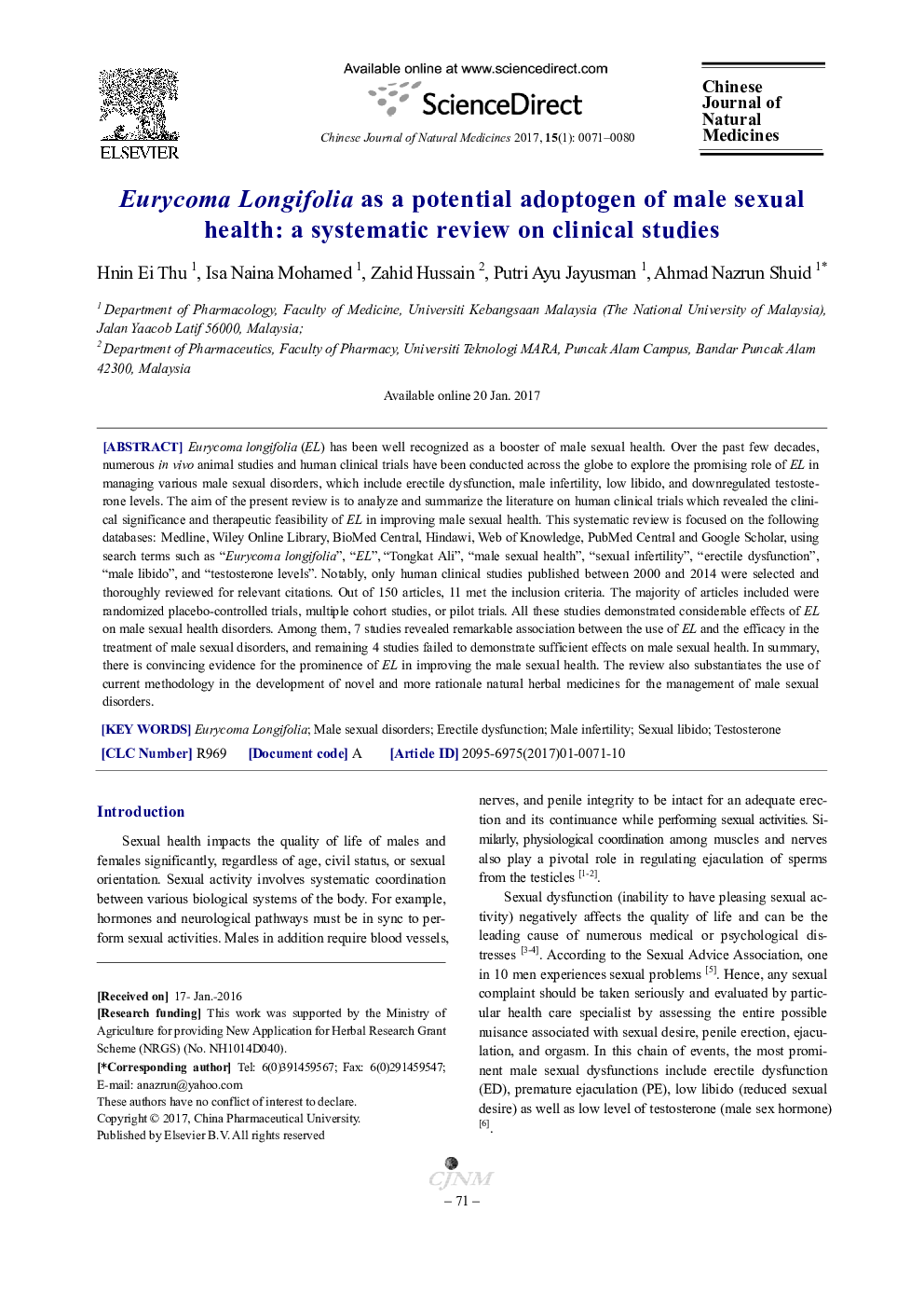 Eurycoma Longifolia as a potential adoptogen of male sexual health: a systematic review on clinical studies