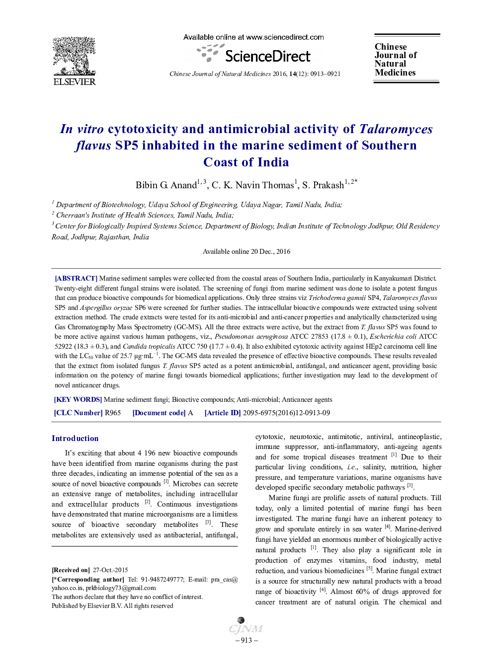 In vitro cytotoxicity and antimicrobial activity of Talaromyces flavus SP5 inhabited in the marine sediment of Southern Coast of India