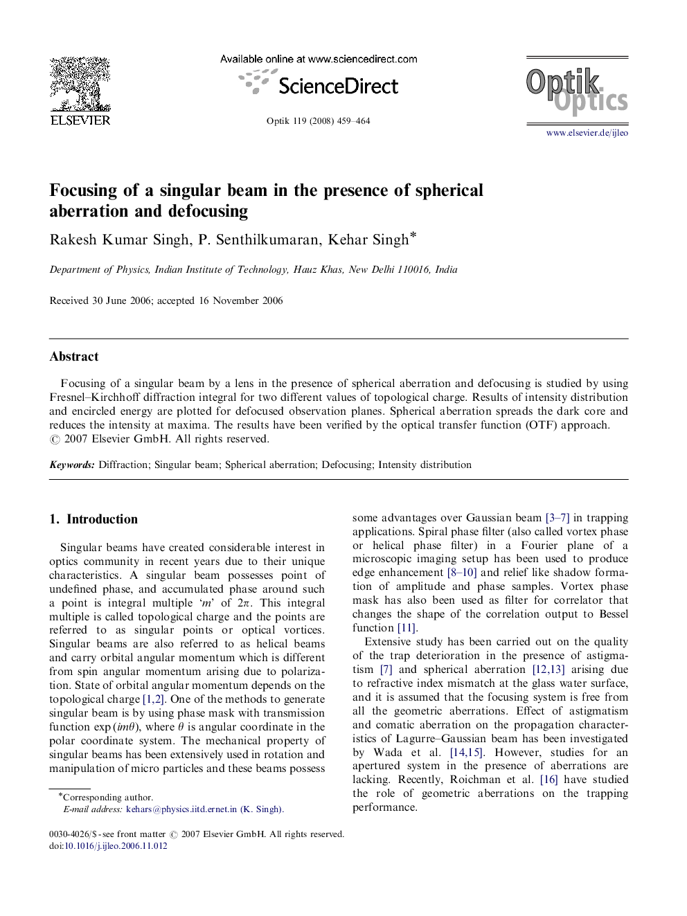 Focusing of a singular beam in the presence of spherical aberration and defocusing