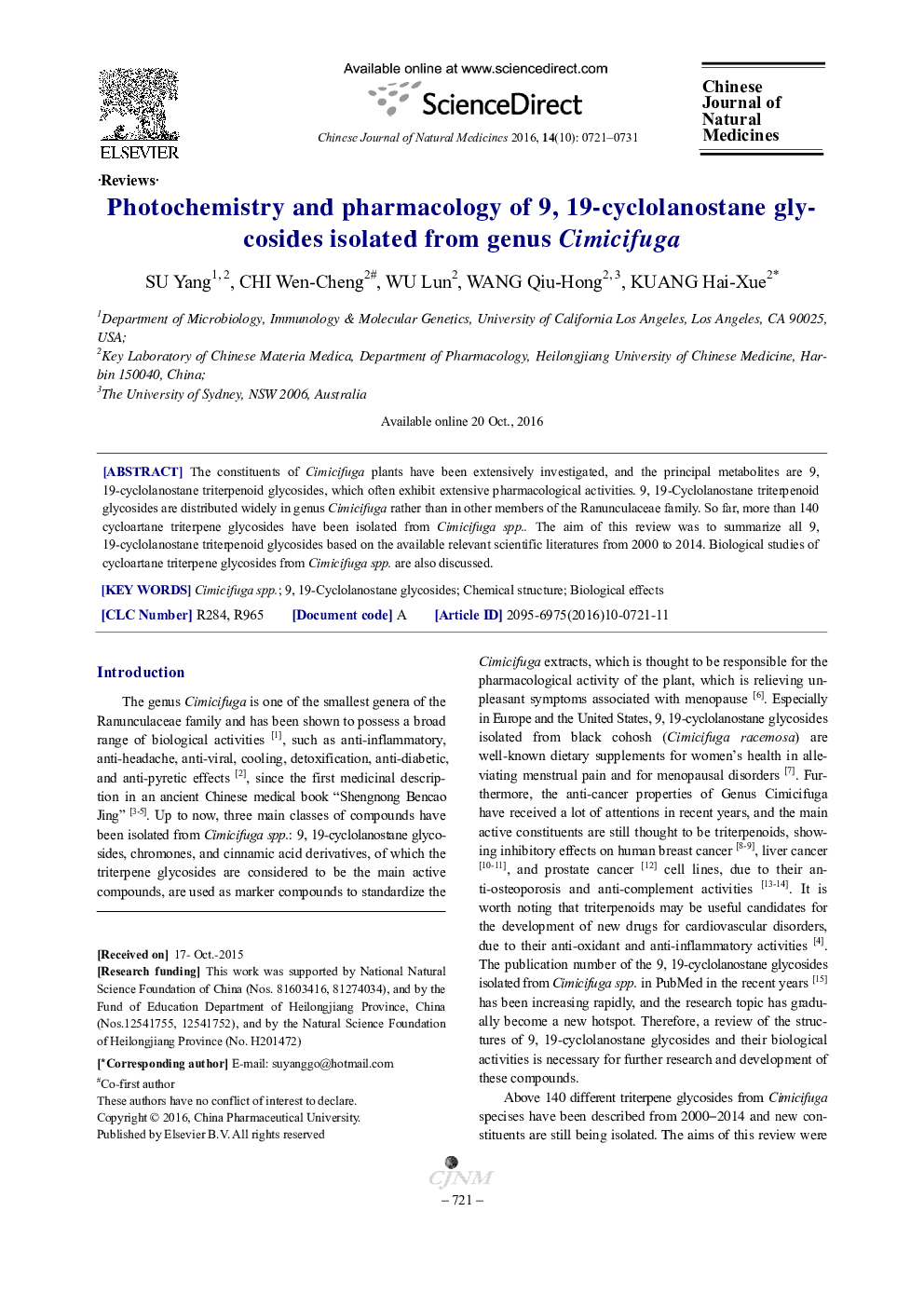 Photochemistry and pharmacology of 9, 19-cyclolanostane glycosides isolated from genus Cimicifuga