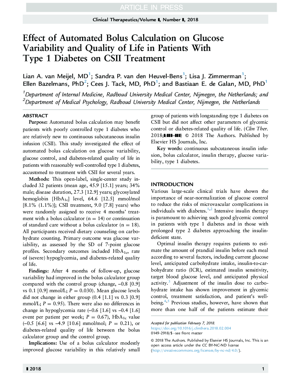 Effect of Automated Bolus Calculation on Glucose Variability and Quality of Life in Patients With Type 1 Diabetes on CSII Treatment