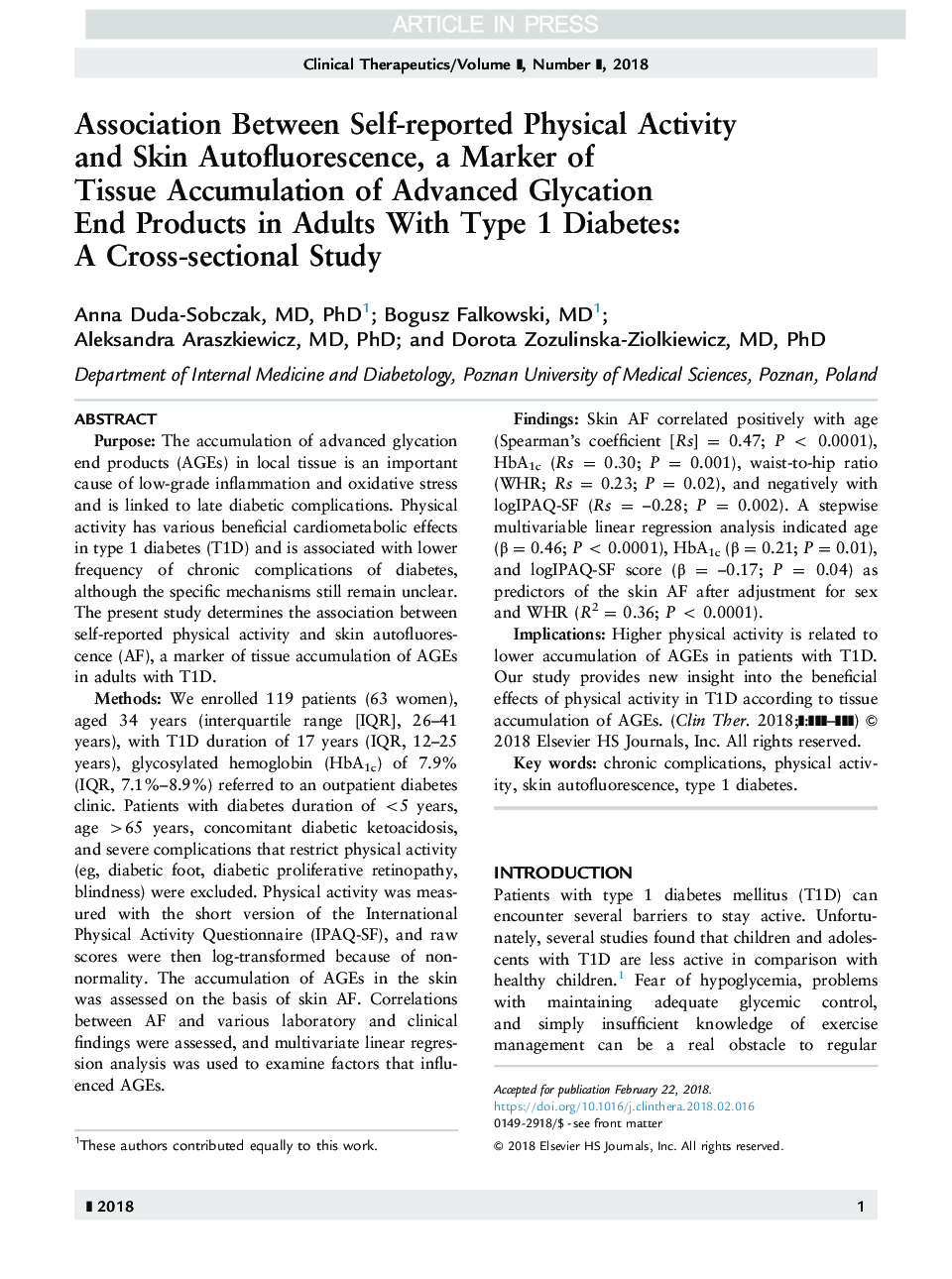 Association Between Self-reported Physical Activity and Skin Autofluorescence, a Marker of Tissue Accumulation of Advanced Glycation End Products in Adults With Type 1 Diabetes: A Cross-sectional Study