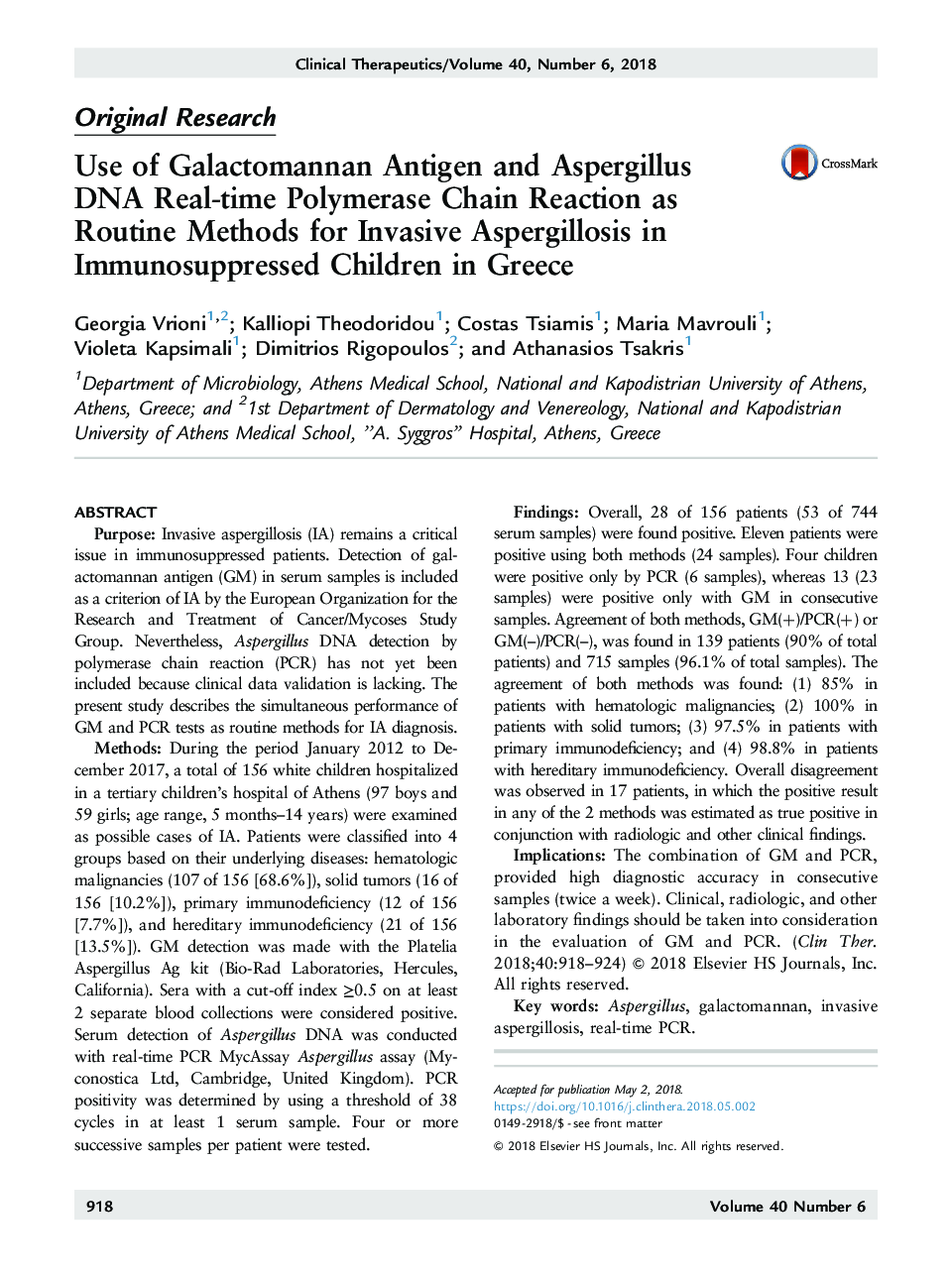 Use of Galactomannan Antigen and Aspergillus DNA Real-time Polymerase Chain Reaction as Routine Methods for Invasive Aspergillosis in Immunosuppressed Children in Greece