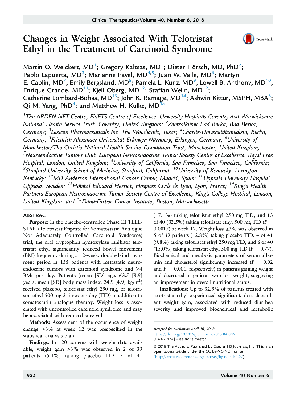 Changes in Weight Associated With Telotristat Ethyl in the Treatment of Carcinoid Syndrome