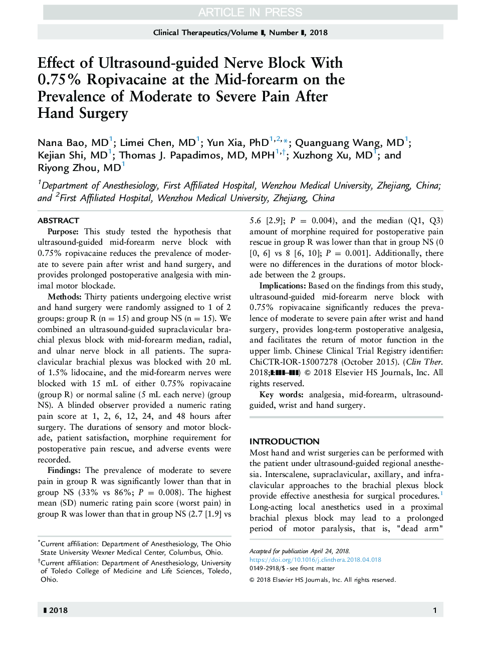 Effect of Ultrasound-guided Nerve Block With 0.75% Ropivacaine at the Mid-forearm on the Prevalence of Moderate to Severe Pain After Hand Surgery