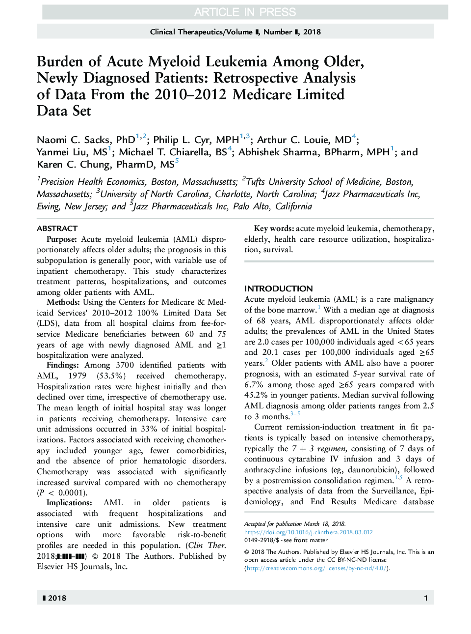 Burden of Acute Myeloid Leukemia Among Older, Newly Diagnosed Patients: Retrospective Analysis of Data From the 2010-2012 Medicare Limited Data Set