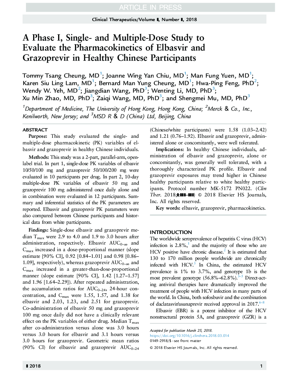 A Phase I, Single- and Multiple-dose Study to Evaluate the Pharmacokinetics of Elbasvir and Grazoprevir in Healthy Chinese Participants