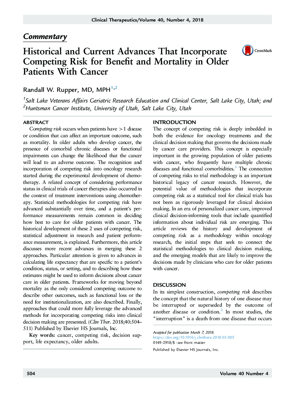 Historical and Current Advances That Incorporate Competing Risk for Benefit and Mortality in Older Patients With Cancer