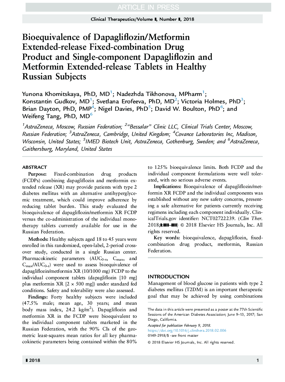 Bioequivalence of Dapagliflozin/Metformin Extended-release Fixed-combination Drug Product and Single-component Dapagliflozin and Metformin Extended-release Tablets in Healthy Russian Subjects