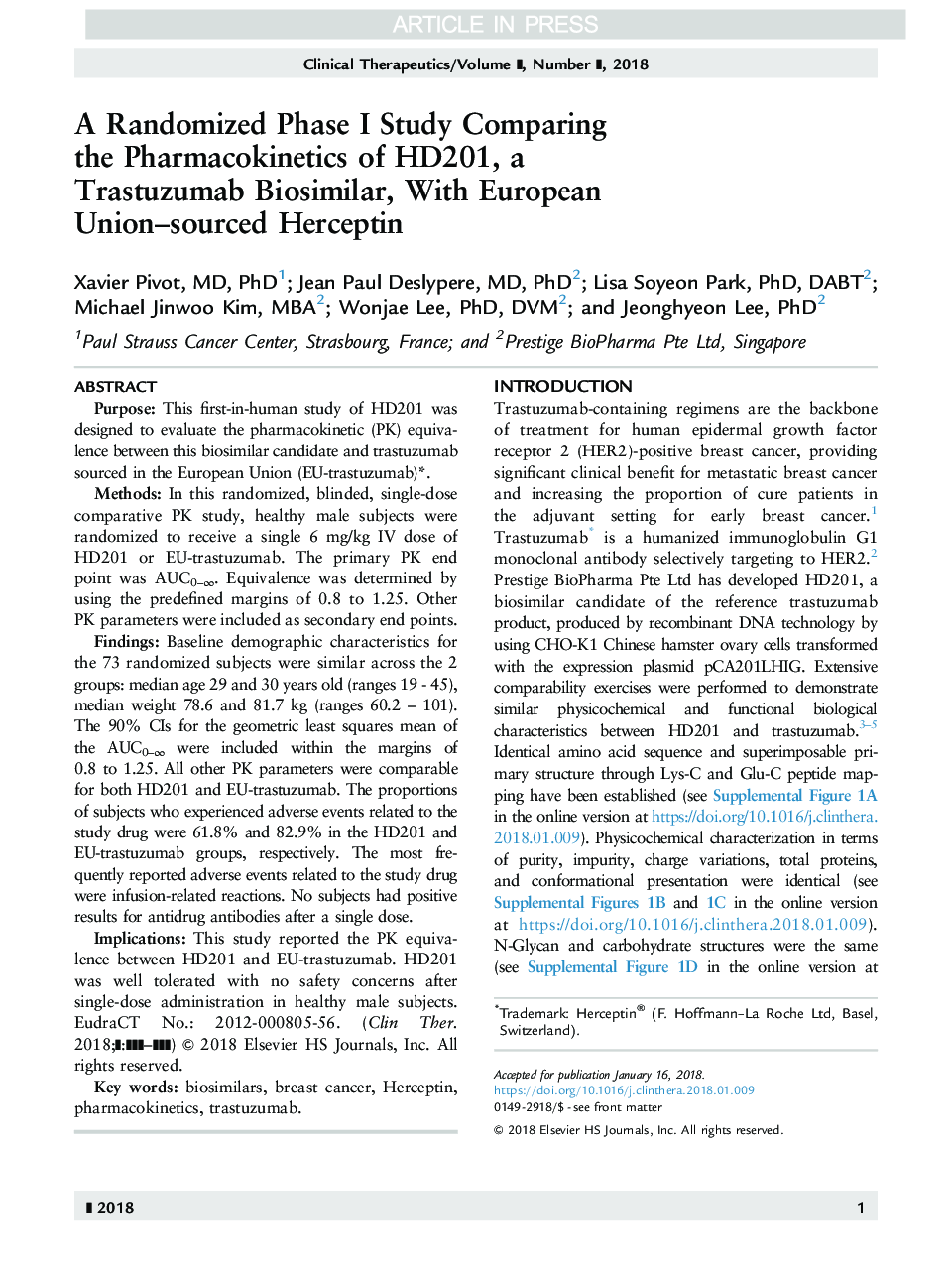 A Randomized Phase I Study Comparing the Pharmacokinetics of HD201, a Trastuzumab Biosimilar, With European Union-sourced Herceptin