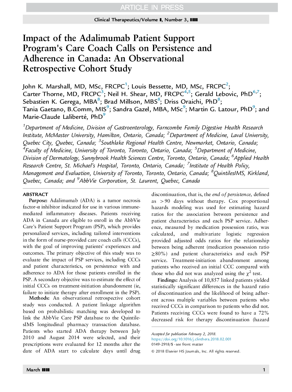 Impact of the Adalimumab Patient Support Program's Care Coach Calls on Persistence and Adherence in Canada: An Observational Retrospective Cohort Study