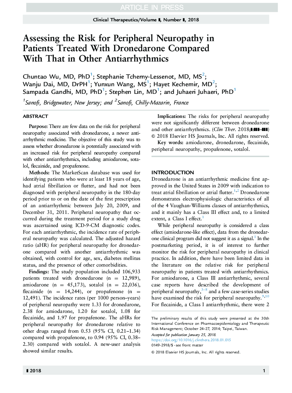 Assessing the Risk for Peripheral Neuropathy in Patients Treated With Dronedarone Compared With That in Other Antiarrhythmics