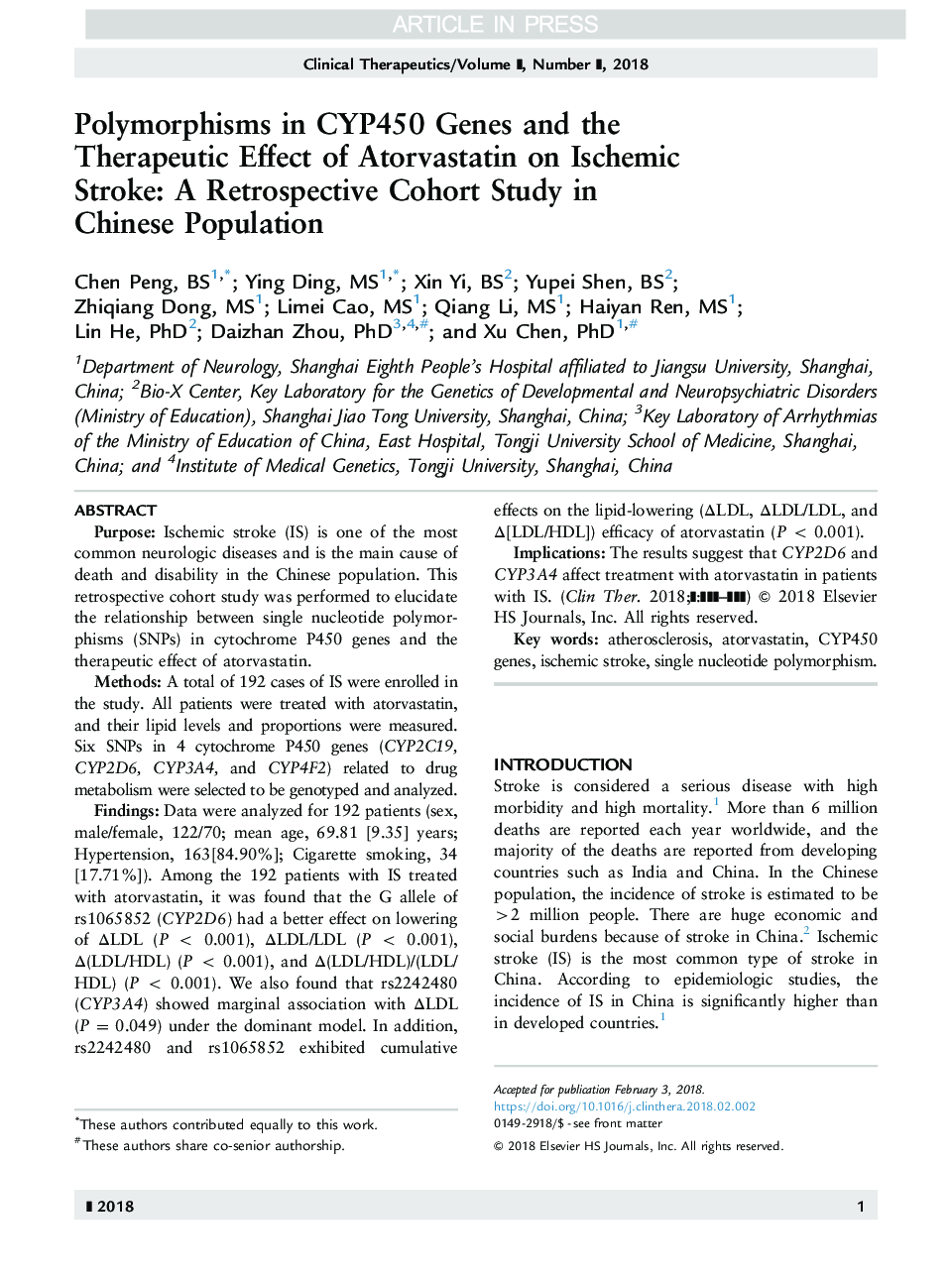 Polymorphisms in CYP450 Genes and the Therapeutic Effect of Atorvastatin on Ischemic Stroke: A Retrospective Cohort Study in Chinese Population