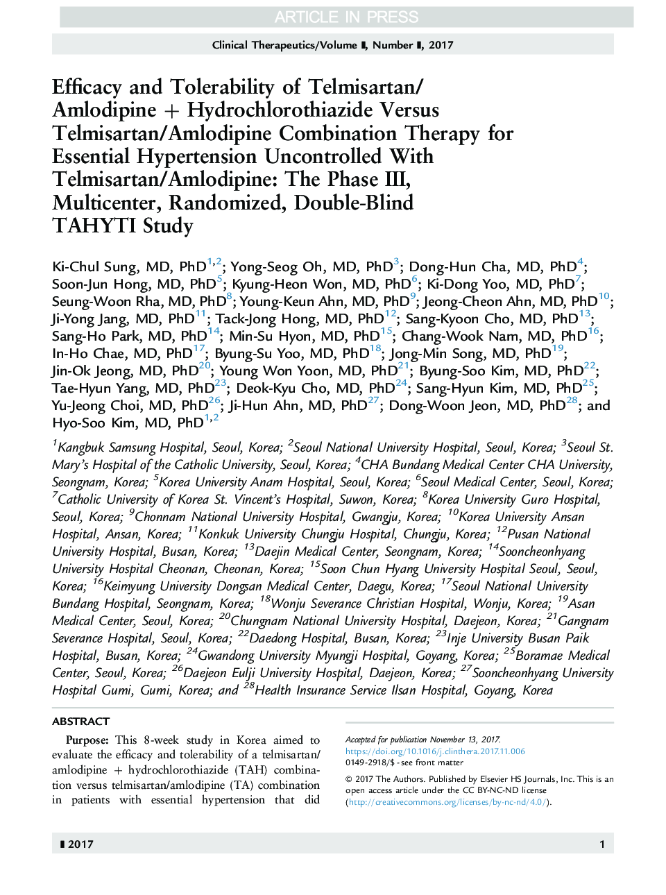 Efficacy and Tolerability of Telmisartan/Amlodipine + Hydrochlorothiazide Versus Telmisartan/Amlodipine Combination Therapy for Essential Hypertension Uncontrolled With Telmisartan/Amlodipine: The Phase III, Multicenter, Randomized, Double-blind TAHYTI St