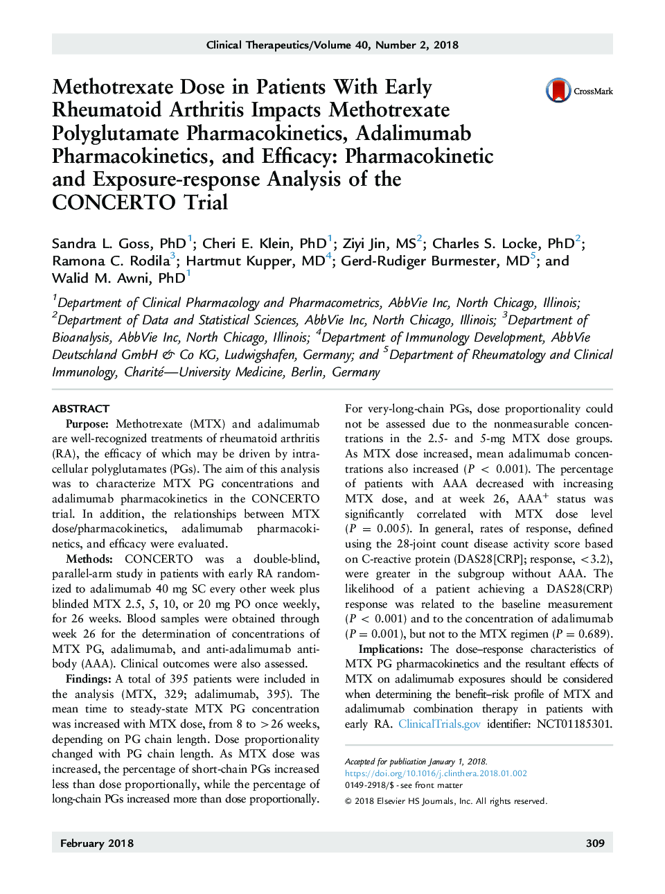 Methotrexate Dose in Patients With Early Rheumatoid Arthritis Impacts Methotrexate Polyglutamate Pharmacokinetics, Adalimumab Pharmacokinetics, and Efficacy: Pharmacokinetic and Exposure-response Analysis of the CONCERTO Trial