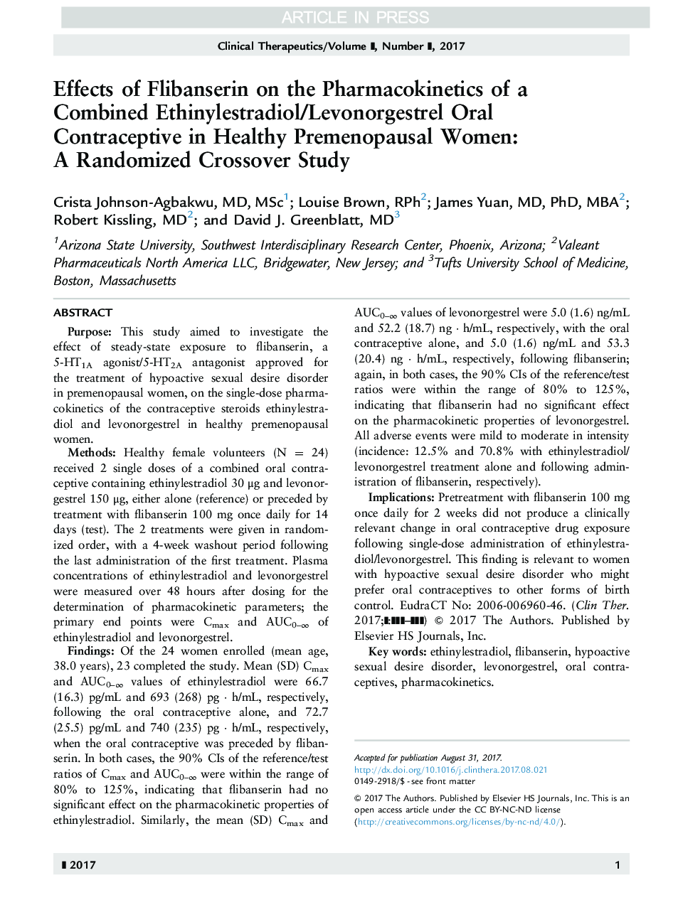 Effects of Flibanserin on the Pharmacokinetics of a Combined Ethinylestradiol/Levonorgestrel Oral Contraceptive in Healthy Premenopausal Women: A Randomized Crossover Study