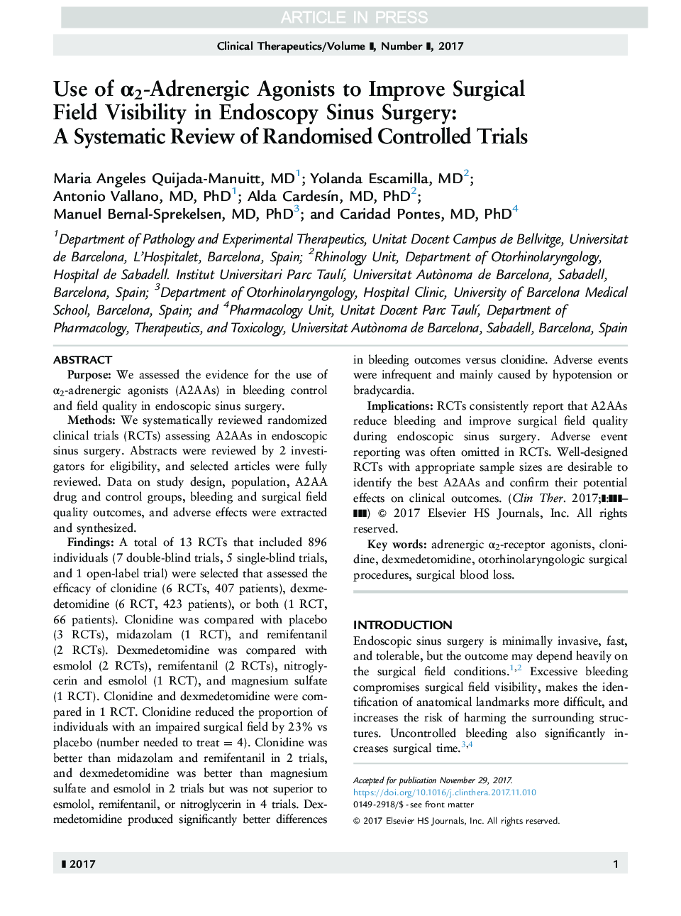 Use of Î±2-Adrenergic Agonists to Improve Surgical Field Visibility in Endoscopy Sinus Surgery: A Systematic Review of Randomised Controlled Trials