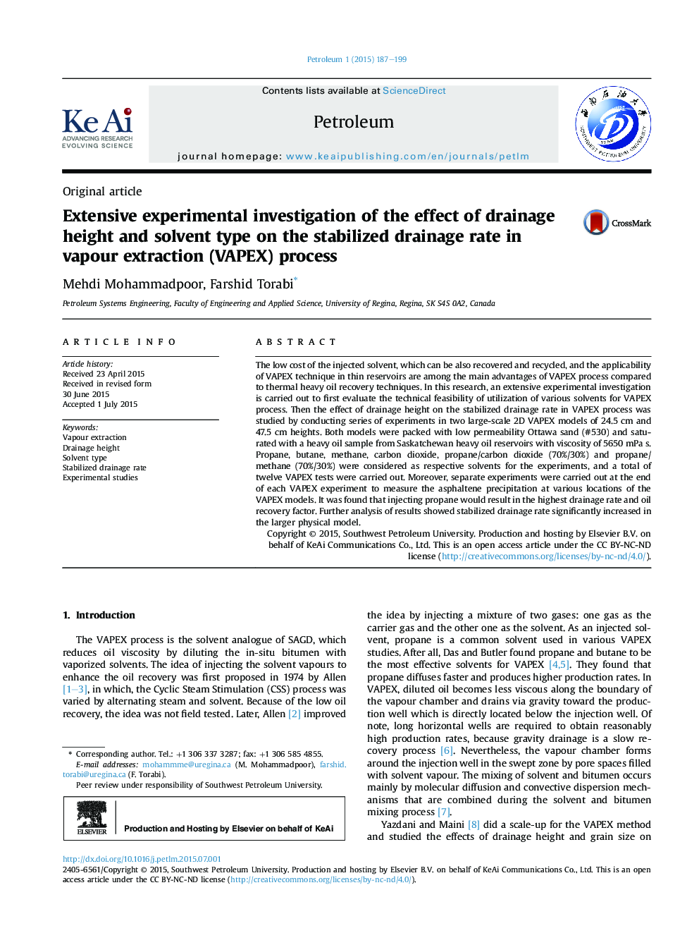 Extensive experimental investigation of the effect of drainage height and solvent type on the stabilized drainage rate in vapour extraction (VAPEX) process 
