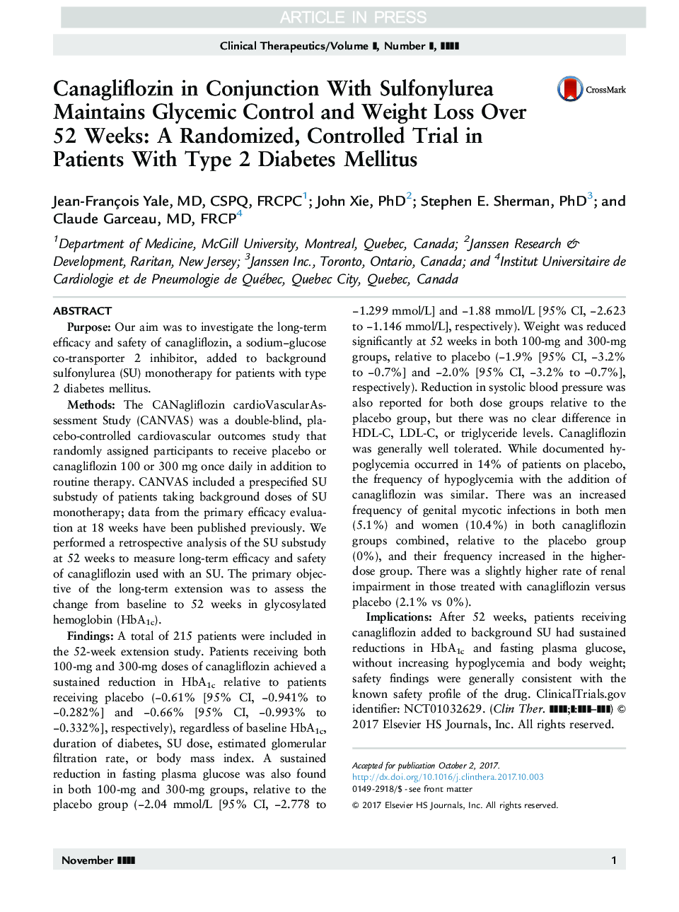 Canagliflozin in Conjunction With Sulfonylurea Maintains Glycemic Control and Weight Loss Over 52 Weeks: A Randomized, Controlled Trial in Patients With Type 2 Diabetes Mellitus