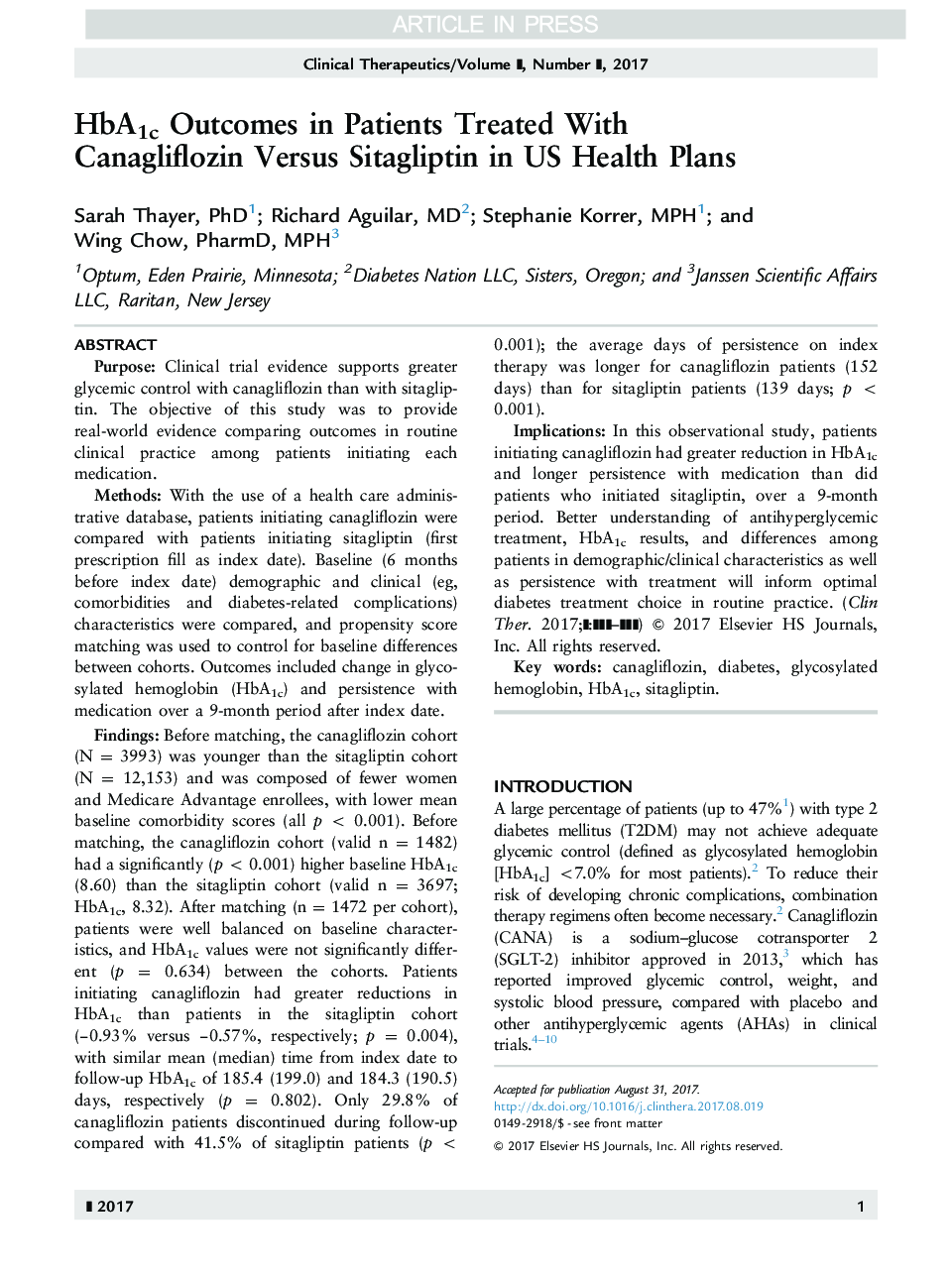 HbA1c Outcomes in Patients Treated With Canagliflozin Versus Sitagliptin in US Health Plans